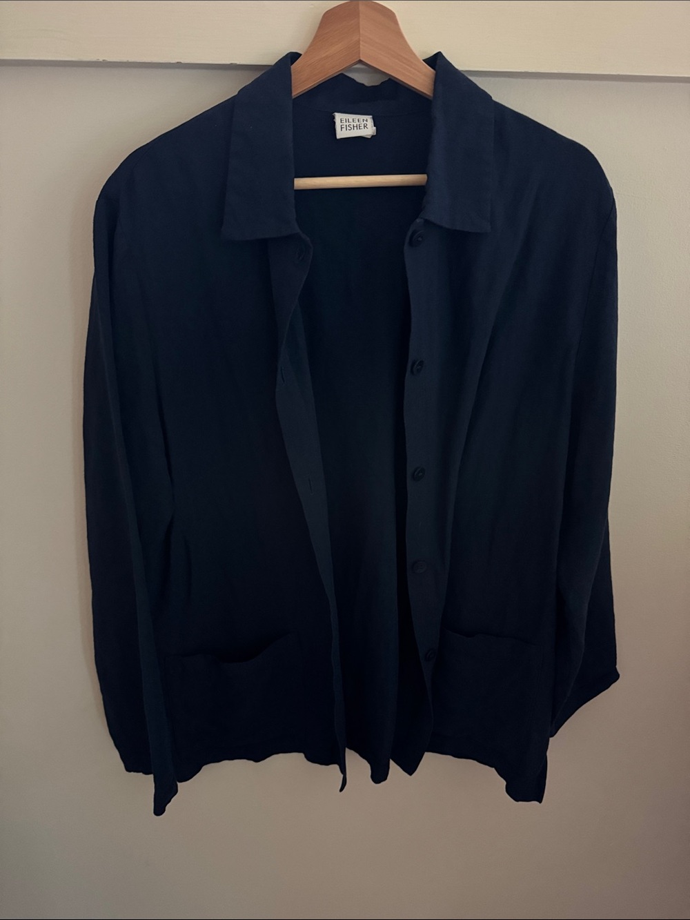 Eileen Fisher Linen Rayon Shirt Jacket Navy Blue Made in USA Italian Fabric M - Picture 7 of 7